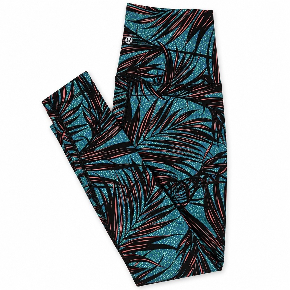 Lululemon Tropical Palm Print High Rise Leggings Womens Size 4 Teal Pink Yoga
